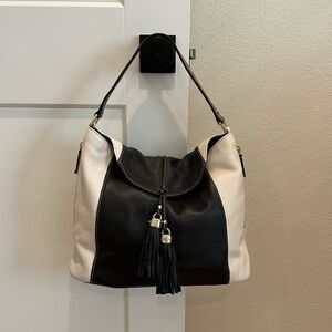 Calvin Klein Black and White Hobo Bag with Tassel Detail